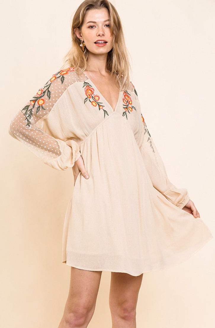 Ivory Dress with see through floral/polka dot sleeves